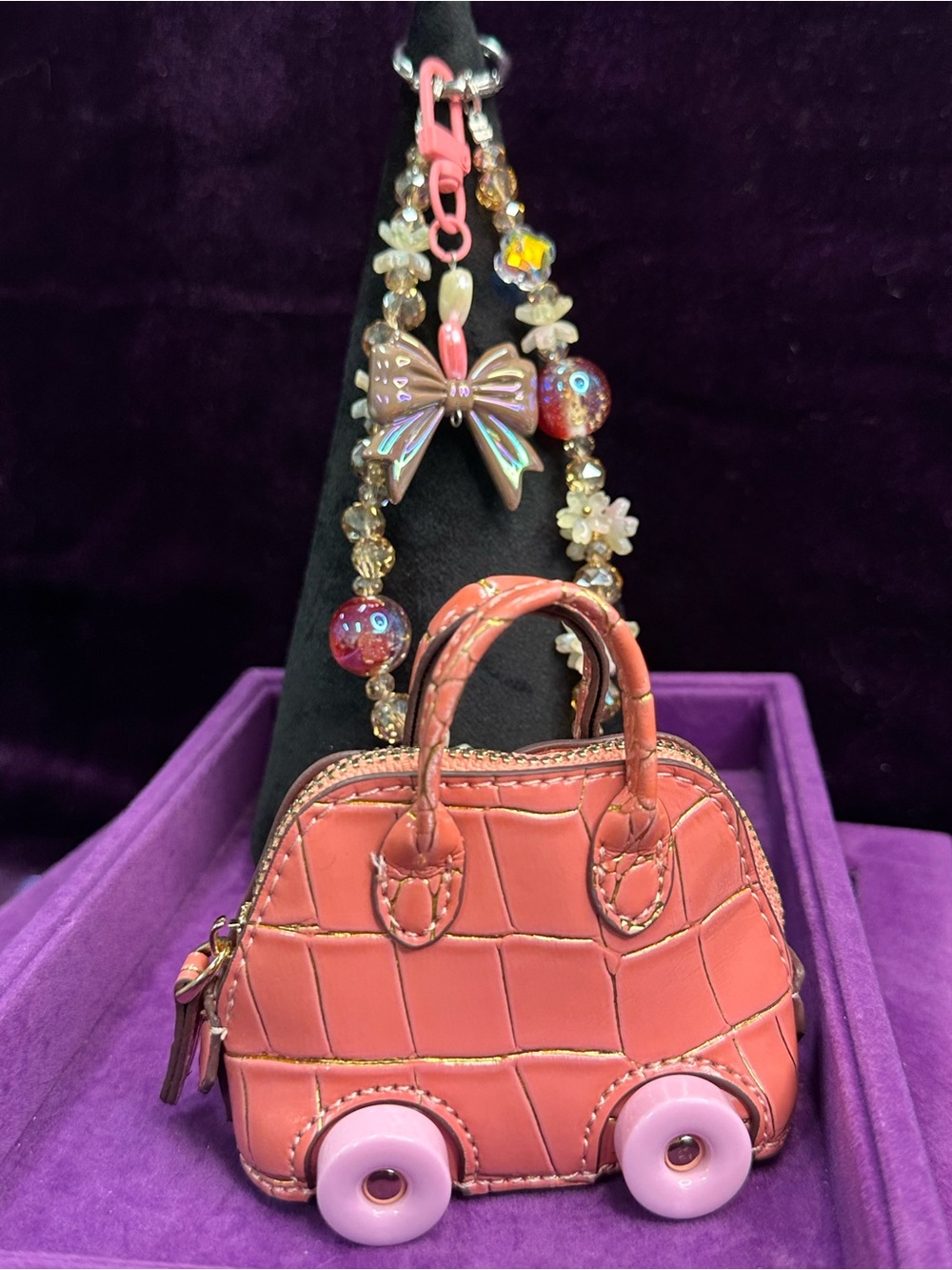 rolling wheel bag charm + matching handmade chain and small charm